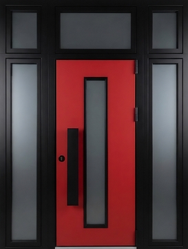 Современная входная группа с терморазрывом, черно-красной отделкой МДФ, бугельной ручкой и остеклением Современная входная группа с терморазрывом, черно-красной отделкой МДФ, бугельной ручкой и остеклением