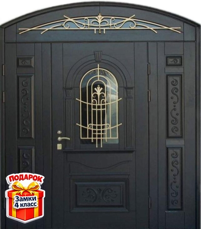 Металлическая арочная парадная дверь со стеклом, ковкой и отделкой МДФ