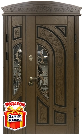 Металлическая полуторная дверь с арочной вставкой, с ковкой, стеклом и МДФ со шпоном