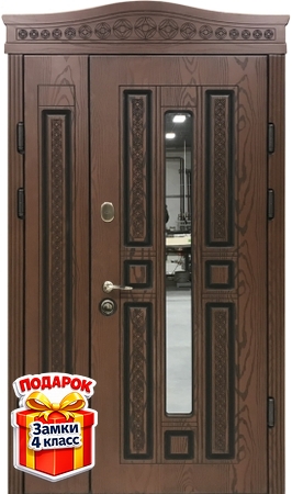 Металлическая полуторная дверь с арочной вставкой, со стеклом и отделкой МДФ