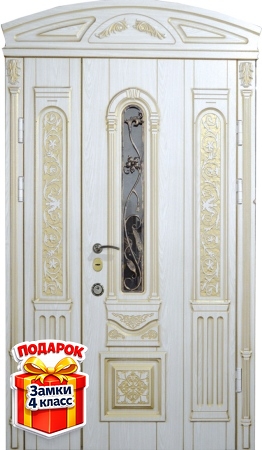 Металлическая полуторная дверь с арочной вставкой, с ковкой, стеклом и МДФ с патиной