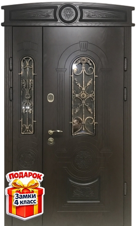 Металлическая полуторная дверь с арочной вставкой, со стеклом, ковкой и отделкой МДФ