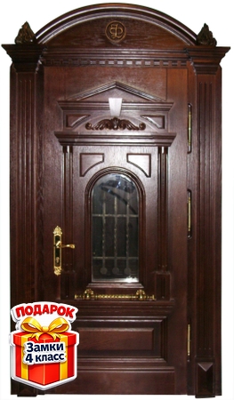 Металлическая парадная дверь с арочным сводом, капителями, ковкой, стеклом и массивом