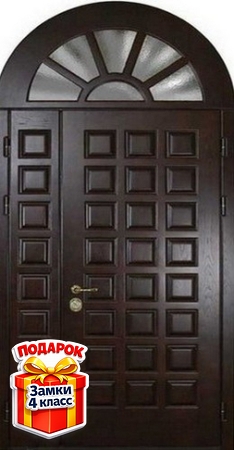 Металлическая полуторная дверь с арочным остекленным сводом и отделкой МДФ со шпоном