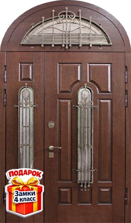 Металлическая полуторная дверь с арочной вставкой, со стеклом, ковкой и МДФ со шпоном