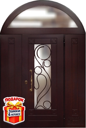 Металлическая парадная дверь с арочной стеклянной вставкой, с ковкой и панелями МДФ