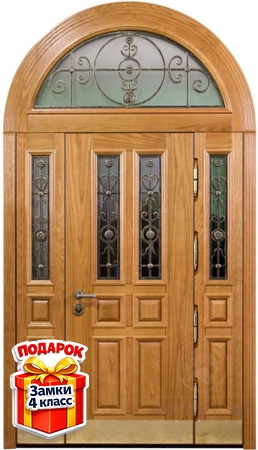 Металлическая парадная дверь с арочным сводом, с ковкой, отбойниками и массивом