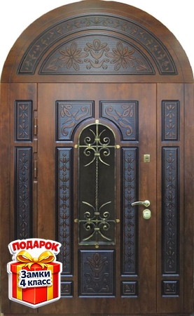 Металлическая парадная дверь с арочной вставкой, со стеклом, ковкой и панелями МДФ
