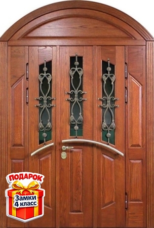 Металлическая арочная полуторная парадная дверь с ковкой, стеклом и массивом