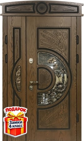 Металлическая полуторная дверь с арочной вставкой, со стеклом, ковкой и отделкой МДФ со шпоном