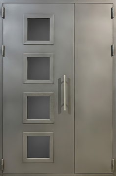 Металлическая полуторная дверь в подъезд с остеклением, электромагнитным замком и порошковой покраской