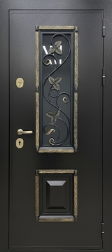 Металлическая входная термодверь с черным полимерным окрашиванием, ковкой и стеклопакетом