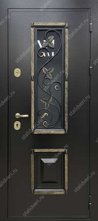Металлическая входная термодверь с черным полимерным окрашиванием, ковкой и стеклопакетом