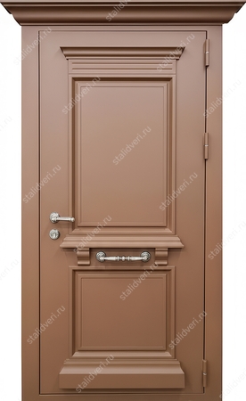 Металлобагетная входная термодверь с карнизом и коричневым порошковым покрытием