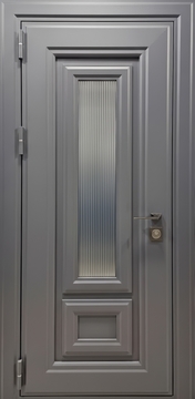 Уличная входная термодверь с металлофиленкой, рифленым остеклением и порошковой покраской серого цвета графит