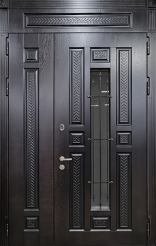 Полуторастворчатая металлическая термодверь с верхней вставкой, ковкой, стеклом и плитами МДФ