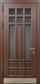 Входная уличная термодверь со шпонированными панелями МДФ, остеклением и отбойником