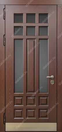 Входная уличная термодверь со шпонированными панелями МДФ, остеклением и отбойником