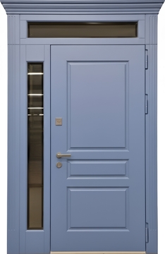 Входная утепленная термодверь с неподвижными остекленными вставками, карнизом и отделкой МДФ с покраской эмалью