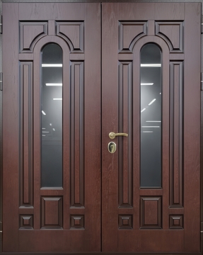 Двустворчатая уличная остекленная термодверь с отделкой МДФ со шпоном и псевдофиленкой