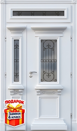 Полуторастворчатая парадная термодверь с верхней вставкой, стеклом и ковкой (отделка белыми панелями МДФ с багетом)
