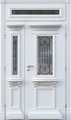 Полуторастворчатая парадная термодверь с верхней вставкой, стеклом и ковкой (отделка белыми панелями МДФ с багетом)