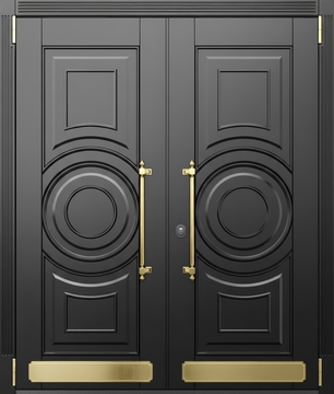 Металлическая равностворчатая коттеджная термодверь с отбойниками и черными панелями МДФ