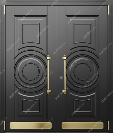 Металлическая равностворчатая коттеджная термодверь с отбойниками и черными панелями МДФ