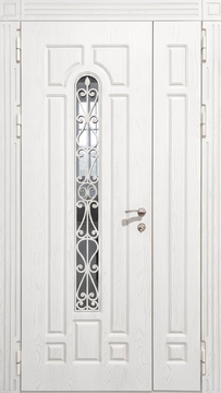 Металлическая полуторастворчатая термодверь с узким стеклом, ковкой и белыми фрезерованными панелями МДФ