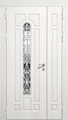 Металлическая полуторастворчатая термодверь с узким стеклом, ковкой и белыми фрезерованными панелями МДФ