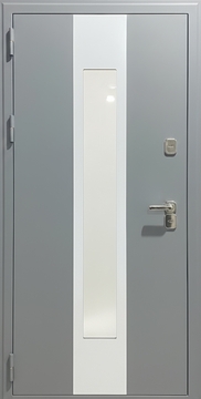 Входная термодверь с остеклением и серой полимерной покраской цвета RAL 7032