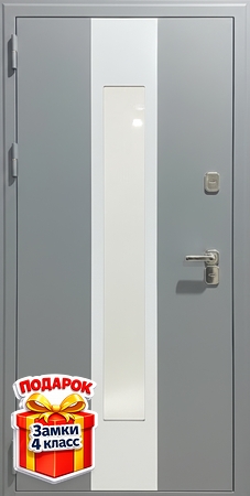 Входная термодверь с остеклением и серой полимерной покраской цвета RAL 7032