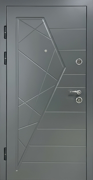 Металлическая дверь для квартиры с фрезерованными серыми панелями МДФ Металлическая дверь для квартиры с фрезерованными серыми панелями МДФ