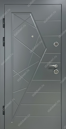 Металлическая дверь для квартиры с фрезерованными серыми панелями МДФ Металлическая дверь для квартиры с фрезерованными серыми панелями МДФ