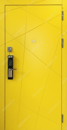 Входная дверь с окрашенными панелями МДФ желтого цвета (RAL 1016) и электронным замком Входная дверь с окрашенными панелями МДФ желтого цвета (RAL 1016) и электронным замком