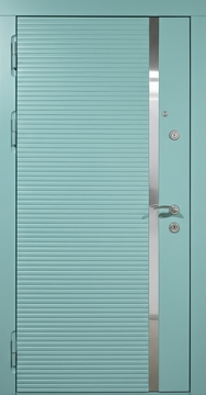 Металлическая дверь с отделкой из окрашенных бирюзовых панелей МДФ (RAL 6034) с вертикальной хромированной полосой Металлическая дверь с отделкой из окрашенных бирюзовых панелей МДФ (RAL 6034) с вертикальной хромированной полосой