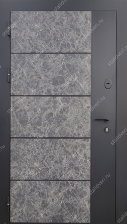 Стальная квартирная дверь с черными панелями МДФ и вставками с текстурой камня Стальная квартирная дверь с черными панелями МДФ и вставками с текстурой камня
