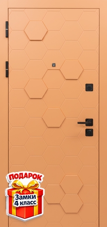 Квартирная стальная дверь с оранжевыми панелями МДФ (RAL 2003) с фрезеровкой «гексагон»