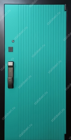 Металлическая дверь с бирюзовыми панелями МДФ (RAL 5018) и электронным замком Металлическая дверь с бирюзовыми панелями МДФ (RAL 5018) и электронным замком