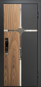 Квартирная дверь с составными панелями МДФ (шпон + RAL), электронным замком и хромированными полосами Квартирная дверь с составными панелями МДФ (шпон + RAL), электронным замком и хромированными полосами