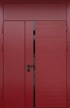 Полуторастворчатая стальная дверь с глухой верхней вставкой, красными панелями МДФ (RAL 3000) с черной полоской Полуторастворчатая стальная дверь с глухой верхней вставкой, красными панелями МДФ (RAL 3000) с черной полоской