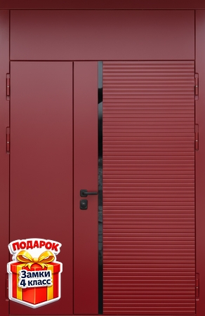 Полуторастворчатая стальная дверь с глухой верхней вставкой, красными панелями МДФ (RAL 3000) с черной полоской