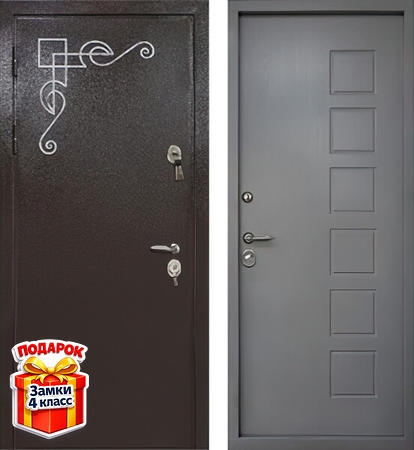 Металлическая порошковая дверь с ковкой и серым МДФ RAL внутри