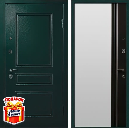 Входная зеленая порошковая дверь с металлобагетом и МДФ с молдингами внутри