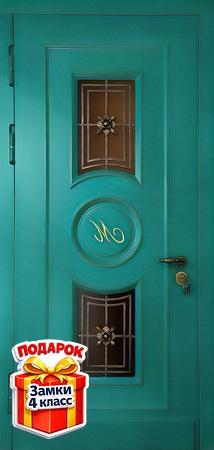 Металлическая уличная дверь с коваными решетками, стеклом и зеленым окрасом МДФ по RAL