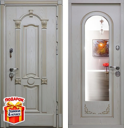 Металлическая дверь с белым МДФ шпон с резьбой и патиной и МДФ с зеркалом внутри