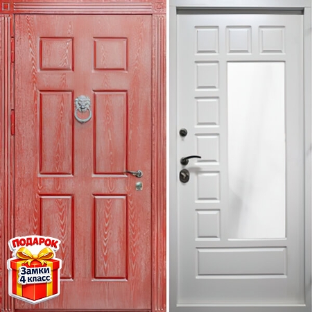 Металлическая дверь с кнокером, красным МДФ RAL шпон с патиной и белым МДФ RAL с зеркалом внутри