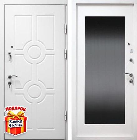 Металлическая дверь с белыми панелями МДФ RAL и зеркалом внутри