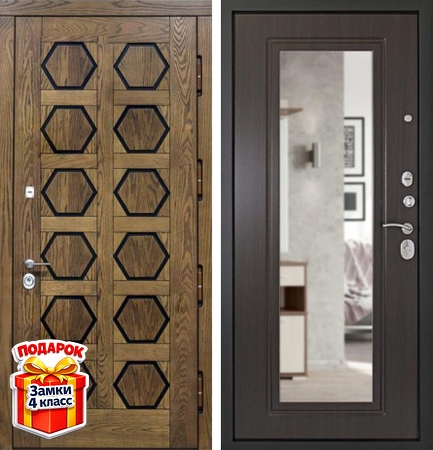 Металлическая дверь с МДФ шпон и МДФ ПВХ с зеркалом внутри