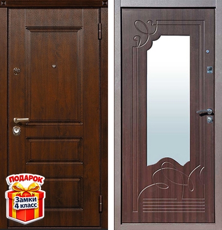 Металлическая дверь с отделкой панелями МДФ и фигурным зеркалом внутри